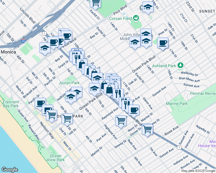 map of restaurants, bars, coffee shops, grocery stores, and more near 825 Ocean Park Boulevard in Santa Monica