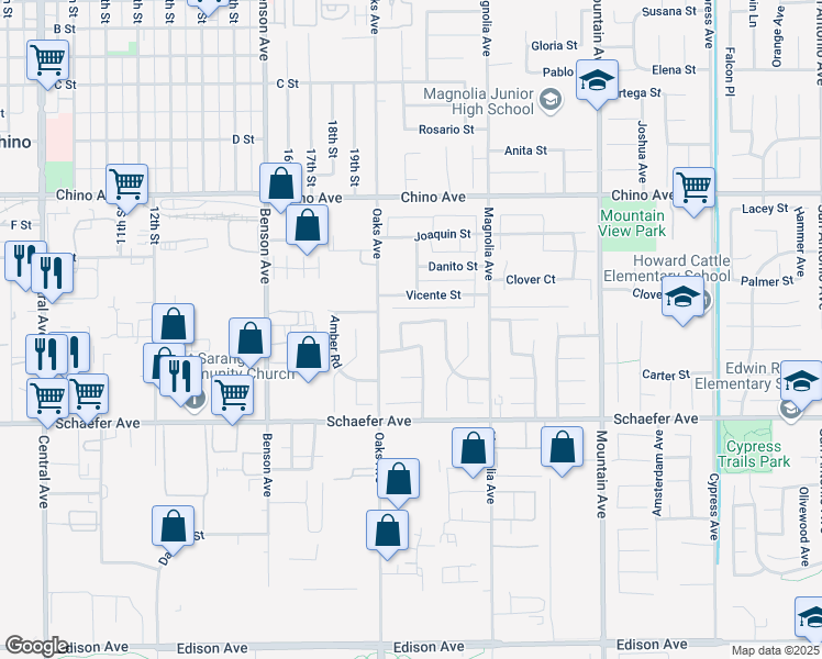 map of restaurants, bars, coffee shops, grocery stores, and more near 5955 Breckinridge Lane in Chino