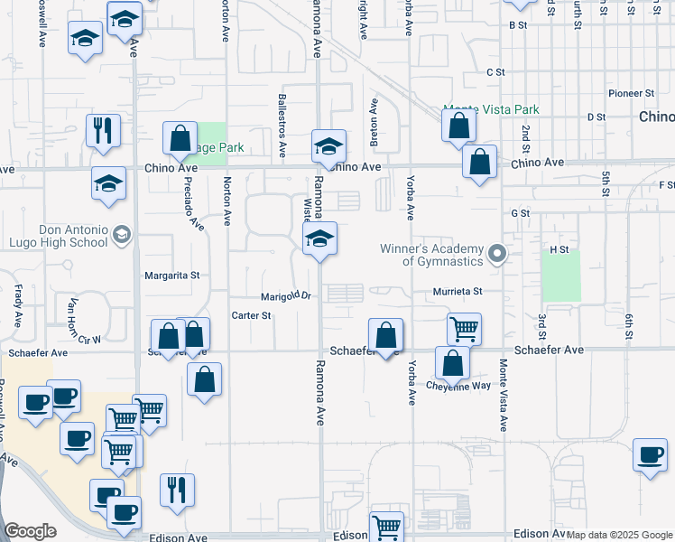 map of restaurants, bars, coffee shops, grocery stores, and more near 13509 Ramona Avenue in Chino