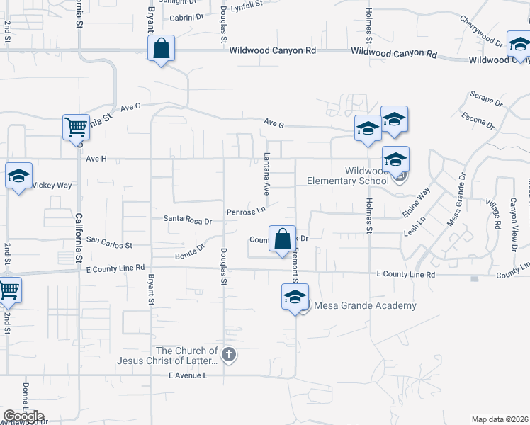 map of restaurants, bars, coffee shops, grocery stores, and more near 35645 Penrose Lane in Yucaipa