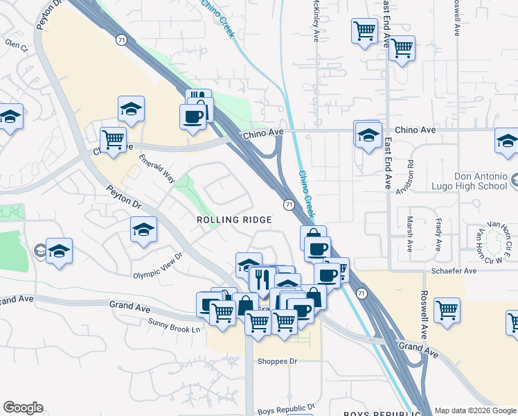 map of restaurants, bars, coffee shops, grocery stores, and more near 3292 Skyview Ridge in Chino Hills