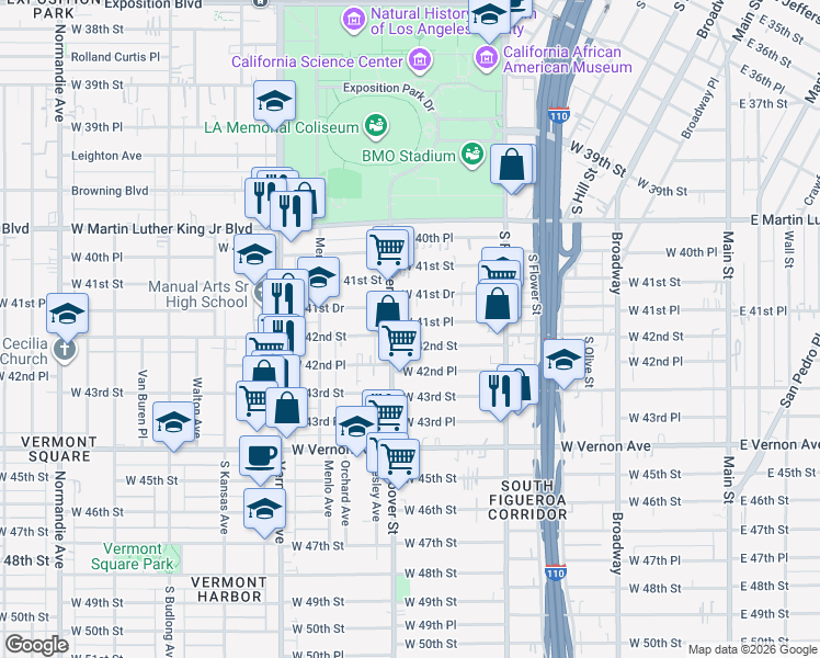 map of restaurants, bars, coffee shops, grocery stores, and more near 737 West 41st Place in Los Angeles