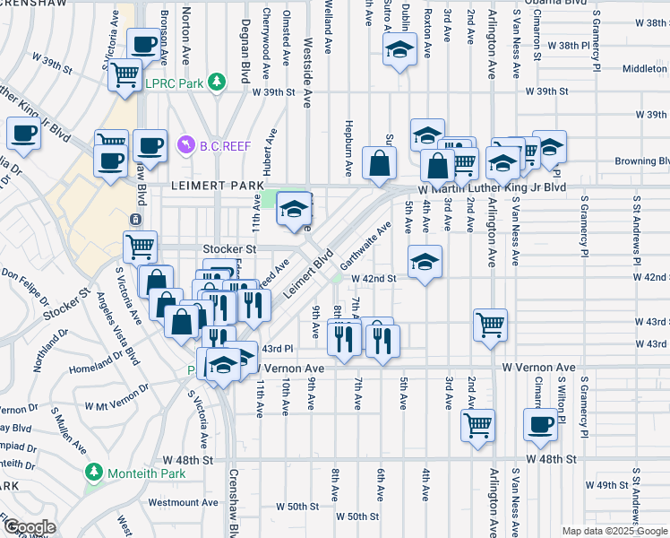 map of restaurants, bars, coffee shops, grocery stores, and more near 3025 Stocker Place in Los Angeles