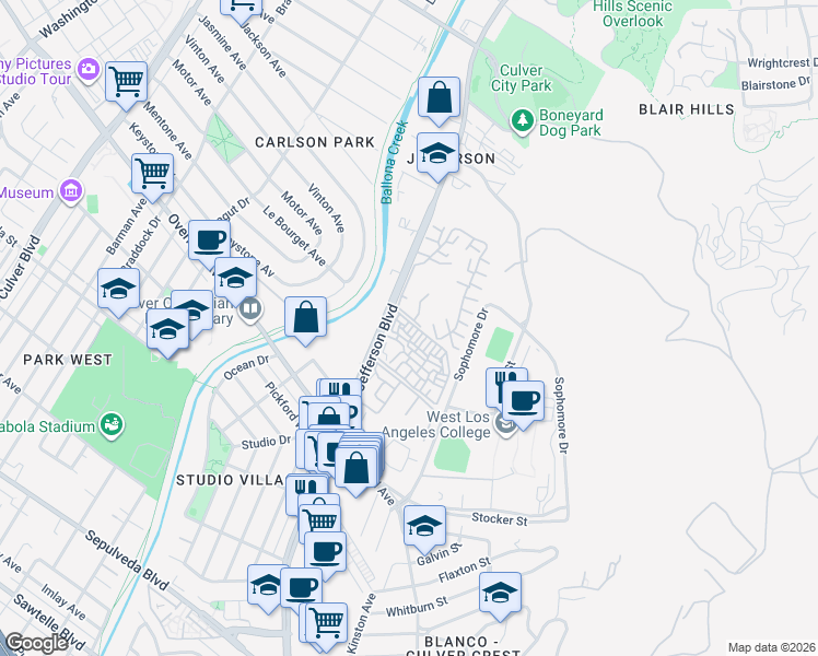 map of restaurants, bars, coffee shops, grocery stores, and more near 7212 Raintree Circle in Culver City