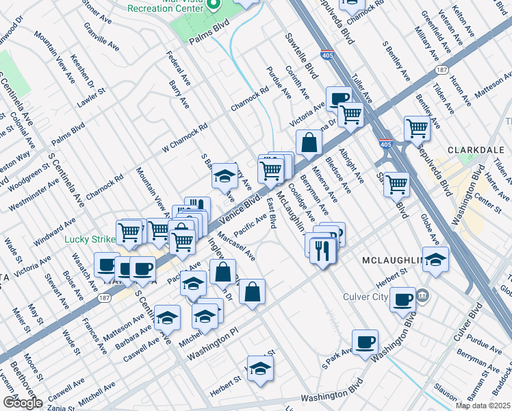 map of restaurants, bars, coffee shops, grocery stores, and more near 11806 Venice Boulevard in Los Angeles