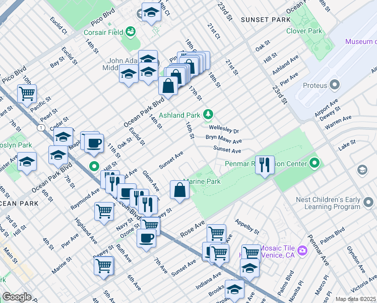map of restaurants, bars, coffee shops, grocery stores, and more near 1415 Sunset Avenue in Santa Monica