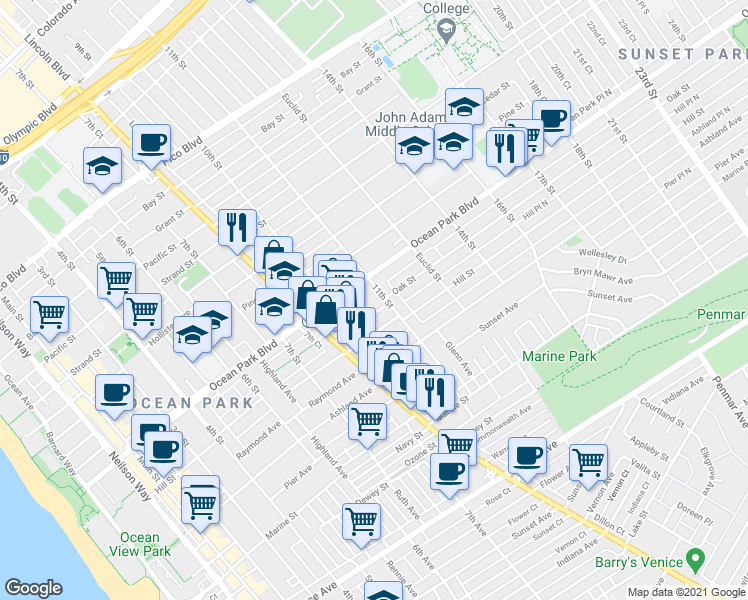 map of restaurants, bars, coffee shops, grocery stores, and more near 2621 11th Street in Santa Monica