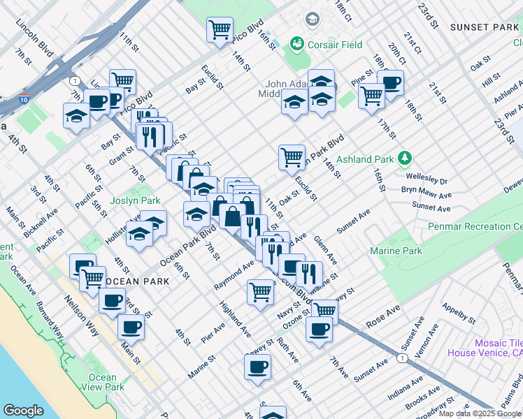 map of restaurants, bars, coffee shops, grocery stores, and more near 1034 Ocean Park Boulevard in Santa Monica