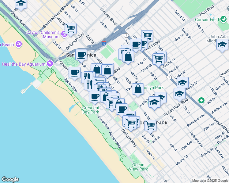 map of restaurants, bars, coffee shops, grocery stores, and more near 2021 3rd Street in Santa Monica