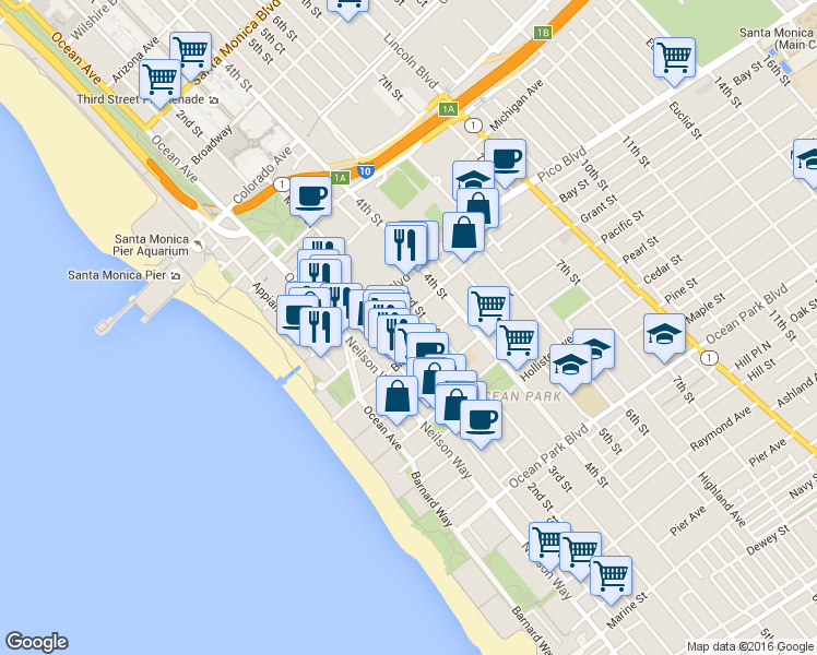 map of restaurants, bars, coffee shops, grocery stores, and more near 239 Bay Street in Santa Monica