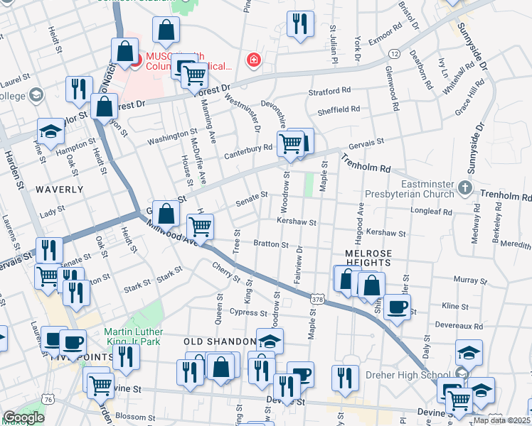 map of restaurants, bars, coffee shops, grocery stores, and more near 1316 King Street in Columbia