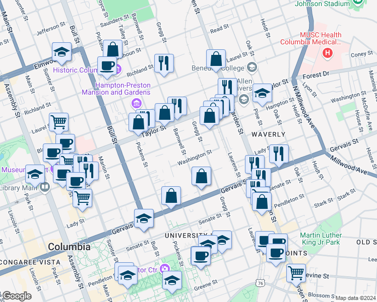 map of restaurants, bars, coffee shops, grocery stores, and more near 1444 Barnwell Street in Columbia