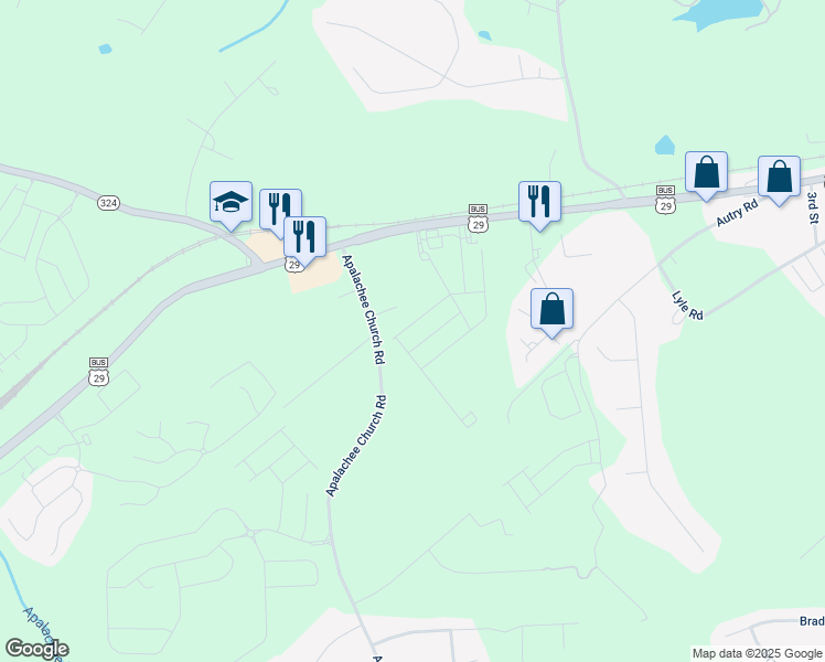 map of restaurants, bars, coffee shops, grocery stores, and more near 40 Appalachee Church Road in Auburn