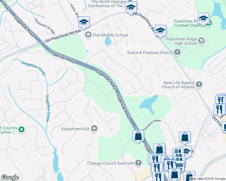 map of restaurants, bars, coffee shops, grocery stores, and more near 3125 Touchton Court in Duluth