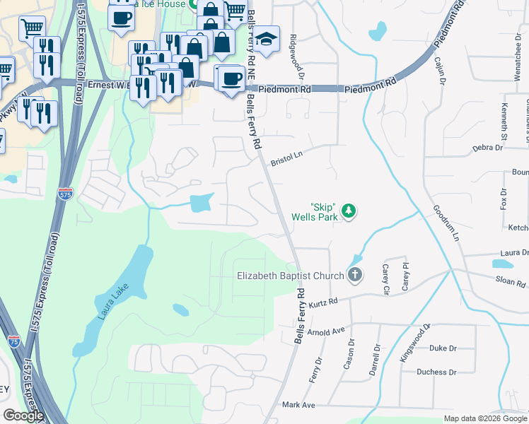 map of restaurants, bars, coffee shops, grocery stores, and more near in Marietta