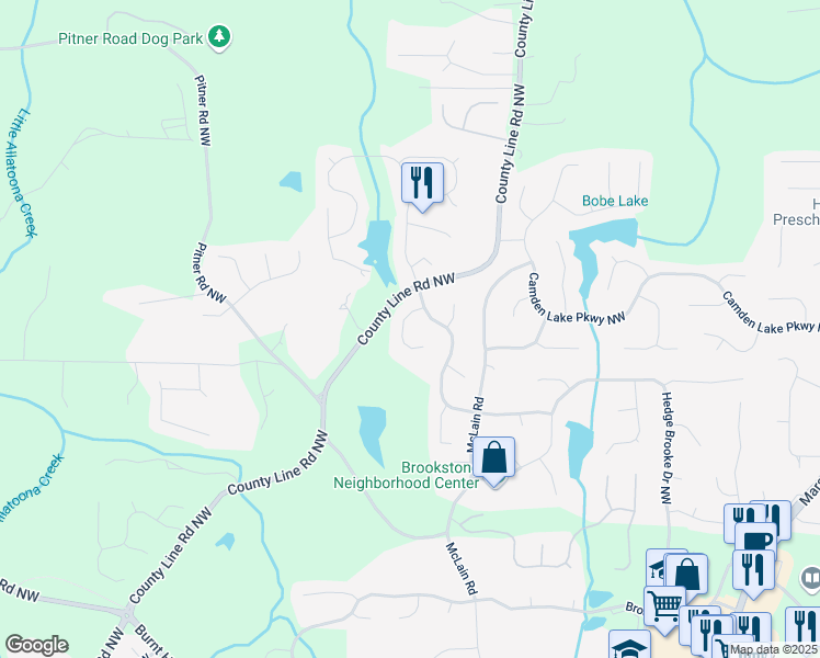 map of restaurants, bars, coffee shops, grocery stores, and more near 2130 Hollowbrooke Way Northwest in Acworth