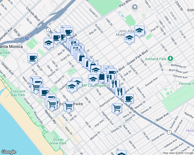 map of restaurants, bars, coffee shops, grocery stores, and more near Lincoln Blvd & Maple St in Santa Monica