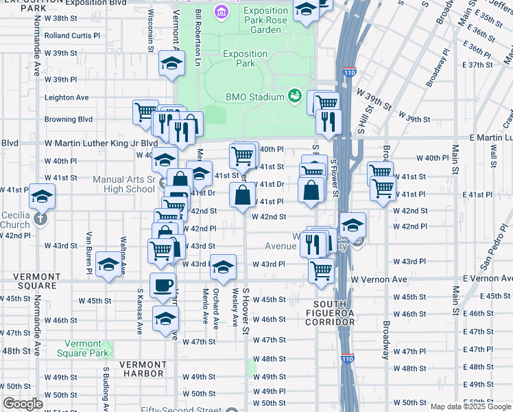 map of restaurants, bars, coffee shops, grocery stores, and more near 716 West 41st Place in Los Angeles