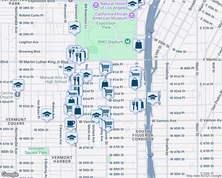 map of restaurants, bars, coffee shops, grocery stores, and more near 716 West 41st Place in Los Angeles