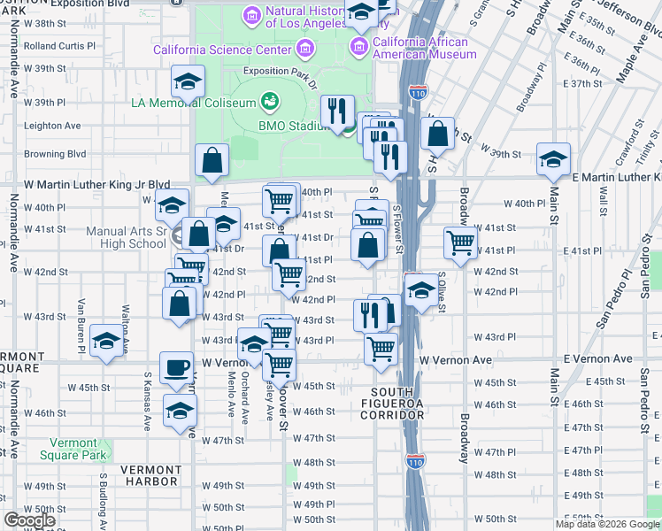 map of restaurants, bars, coffee shops, grocery stores, and more near 620 West 41st Place in Los Angeles