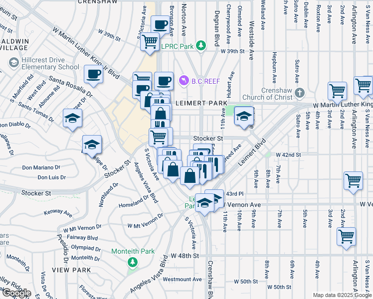map of restaurants, bars, coffee shops, grocery stores, and more near 4227 South Norton Avenue in Los Angeles