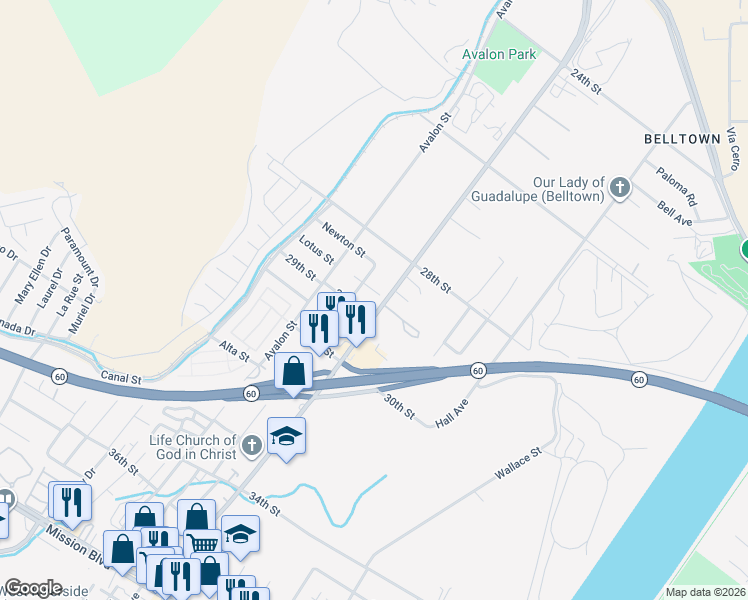 map of restaurants, bars, coffee shops, grocery stores, and more near 2859 Rubidoux Boulevard in Riverside