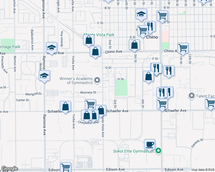 map of restaurants, bars, coffee shops, grocery stores, and more near 13515 Monte Vista Avenue in Chino