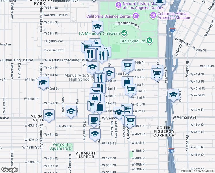 map of restaurants, bars, coffee shops, grocery stores, and more near 4151 Menlo Avenue in Los Angeles