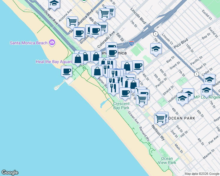 map of restaurants, bars, coffee shops, grocery stores, and more near 1723 Appian Way in Santa Monica