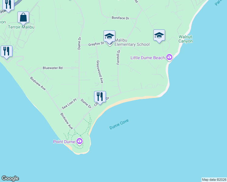 map of restaurants, bars, coffee shops, grocery stores, and more near 7161 Fernhill Drive in Malibu