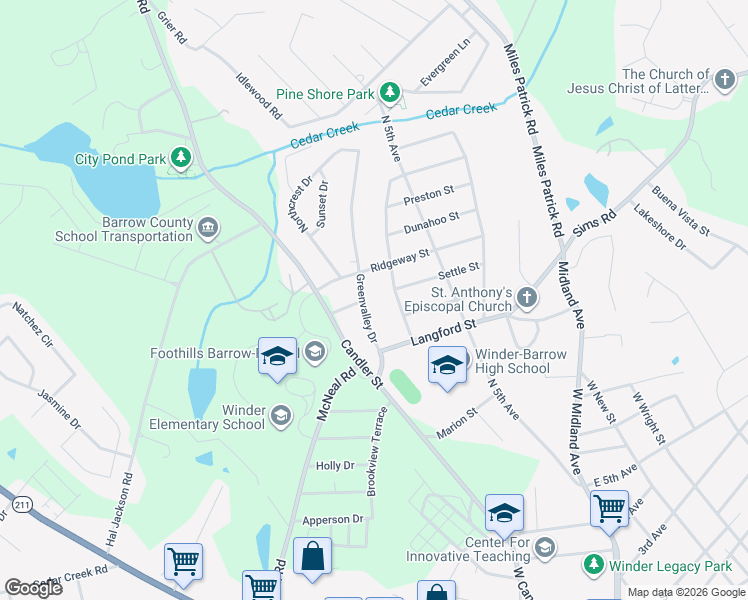map of restaurants, bars, coffee shops, grocery stores, and more near 670 Meadowbrook Drive in Winder