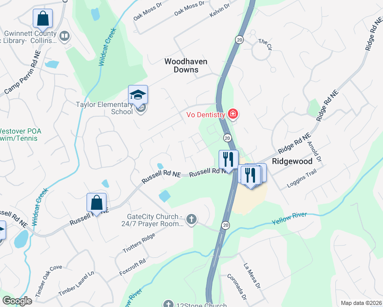 map of restaurants, bars, coffee shops, grocery stores, and more near 660 Mason Grove Parkway in Lawrenceville