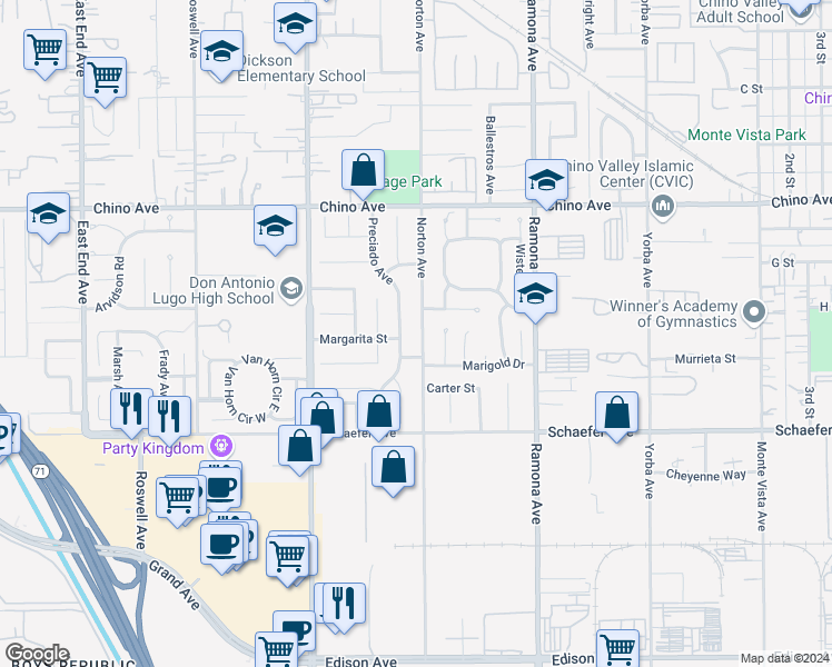 map of restaurants, bars, coffee shops, grocery stores, and more near 13530 Norton Avenue in Chino