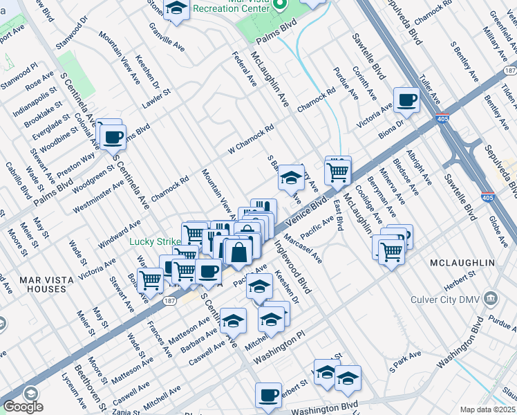 map of restaurants, bars, coffee shops, grocery stores, and more near 3730 Inglewood Boulevard in Los Angeles