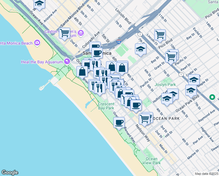 map of restaurants, bars, coffee shops, grocery stores, and more near in Santa Monica