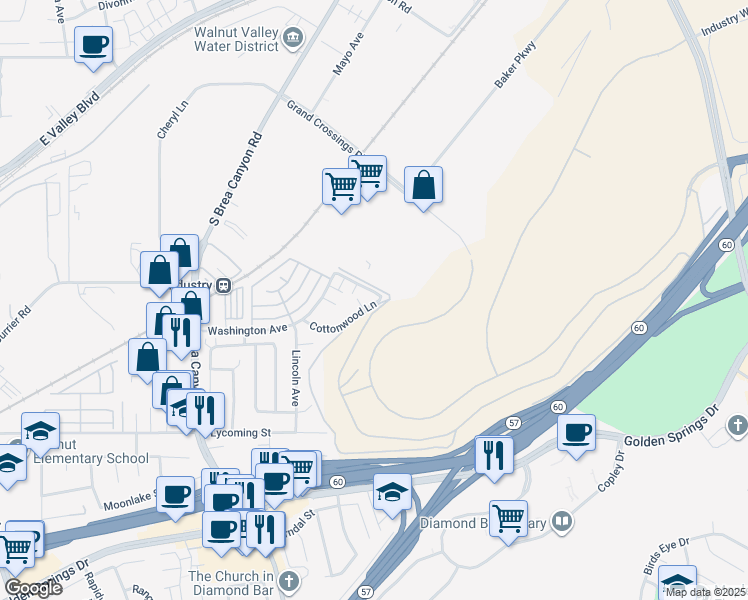 map of restaurants, bars, coffee shops, grocery stores, and more near 21345 Cottonwood Lane in Walnut
