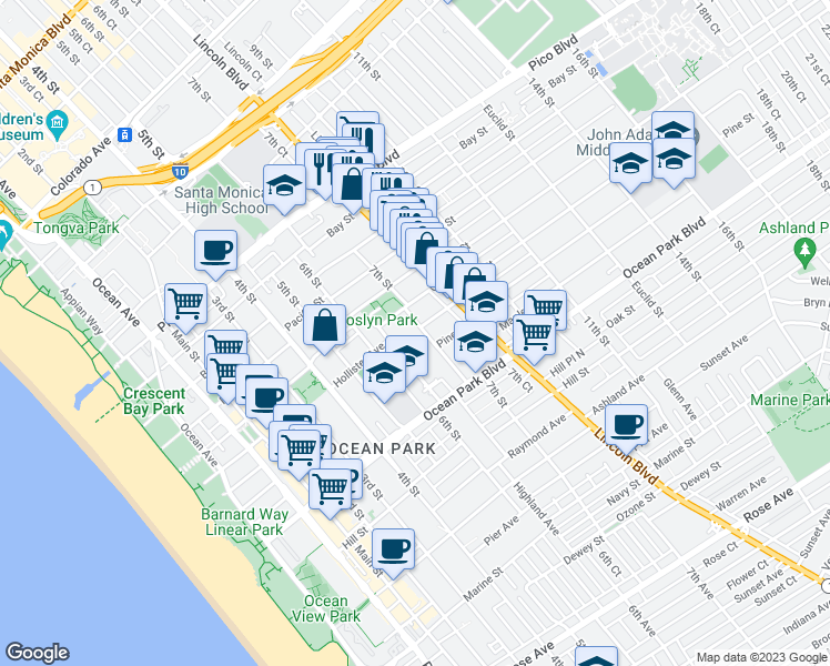 map of restaurants, bars, coffee shops, grocery stores, and more near 2414 7th Street in Santa Monica