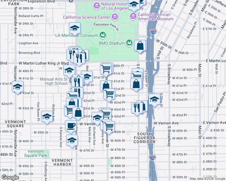 map of restaurants, bars, coffee shops, grocery stores, and more near 714 West 41st Place in Los Angeles