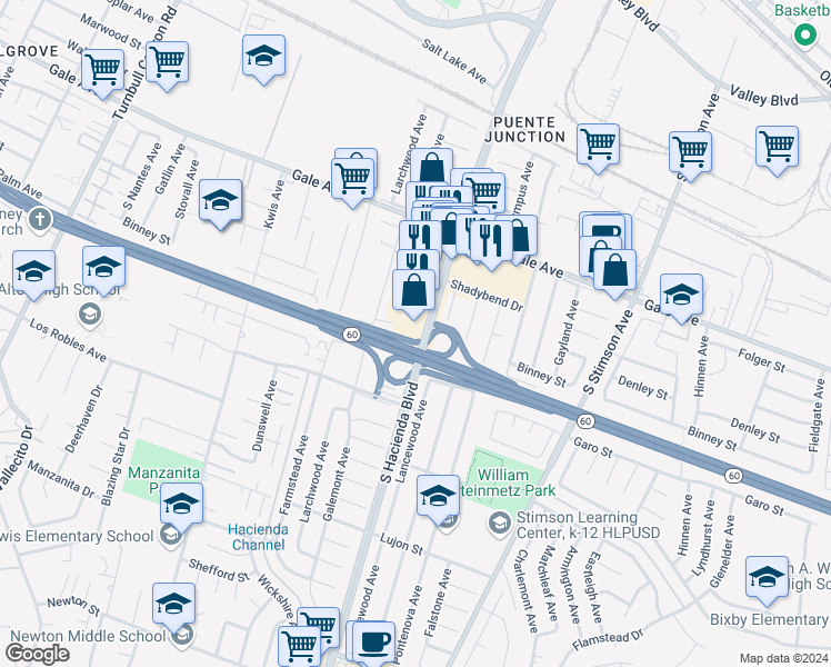 map of restaurants, bars, coffee shops, grocery stores, and more near 1257 South Hacienda Boulevard in Hacienda Heights