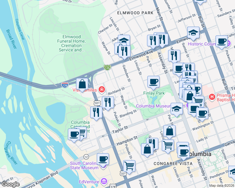 map of restaurants, bars, coffee shops, grocery stores, and more near 130 Taylors Hill Drive in Columbia