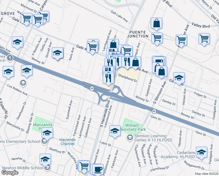 map of restaurants, bars, coffee shops, grocery stores, and more near 1257 South Hacienda Boulevard in Hacienda Heights