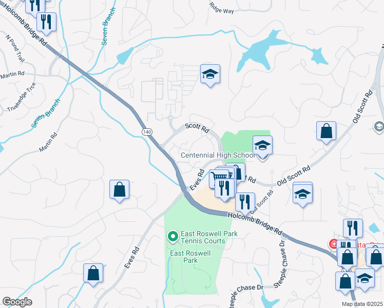 map of restaurants, bars, coffee shops, grocery stores, and more near 4010 Declaration Drive in Roswell