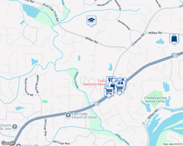 map of restaurants, bars, coffee shops, grocery stores, and more near 1150 Mosspointe Drive in Roswell