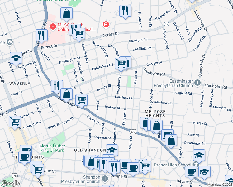 map of restaurants, bars, coffee shops, grocery stores, and more near 1311 Woodrow Street in Columbia