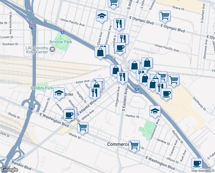 map of restaurants, bars, coffee shops, grocery stores, and more near 2119 South Atlantic Boulevard in Commerce
