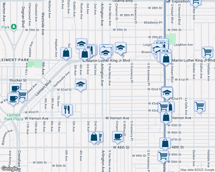 map of restaurants, bars, coffee shops, grocery stores, and more near 4179 South Van Ness Avenue in Los Angeles