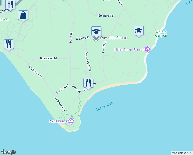 map of restaurants, bars, coffee shops, grocery stores, and more near 29035 Cliffside Drive in Malibu
