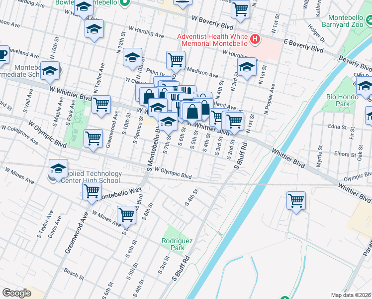 map of restaurants, bars, coffee shops, grocery stores, and more near 552 Calle Estrella in Montebello