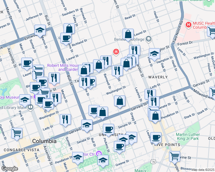 map of restaurants, bars, coffee shops, grocery stores, and more near 1444 Barnwell Street in Columbia