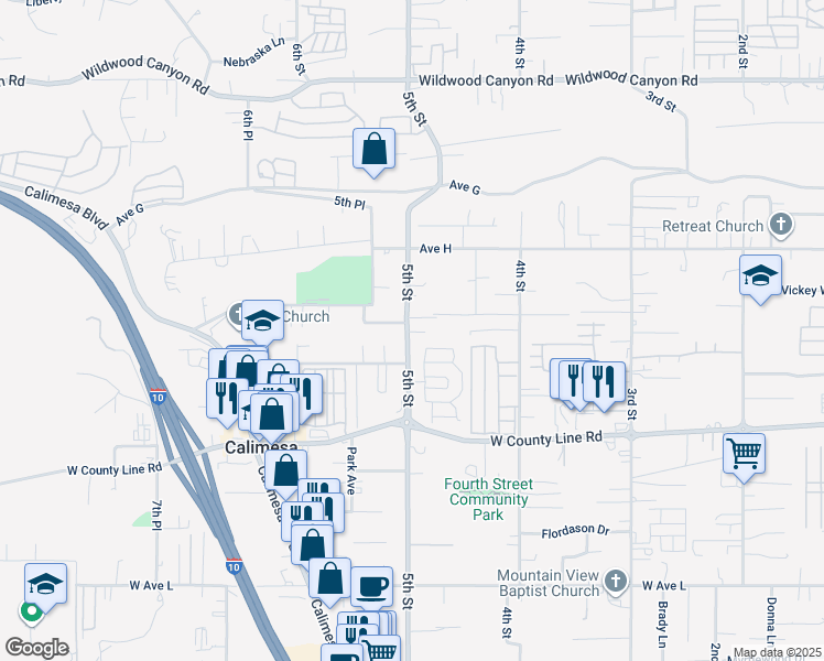 map of restaurants, bars, coffee shops, grocery stores, and more near 13537 5th Street in Yucaipa